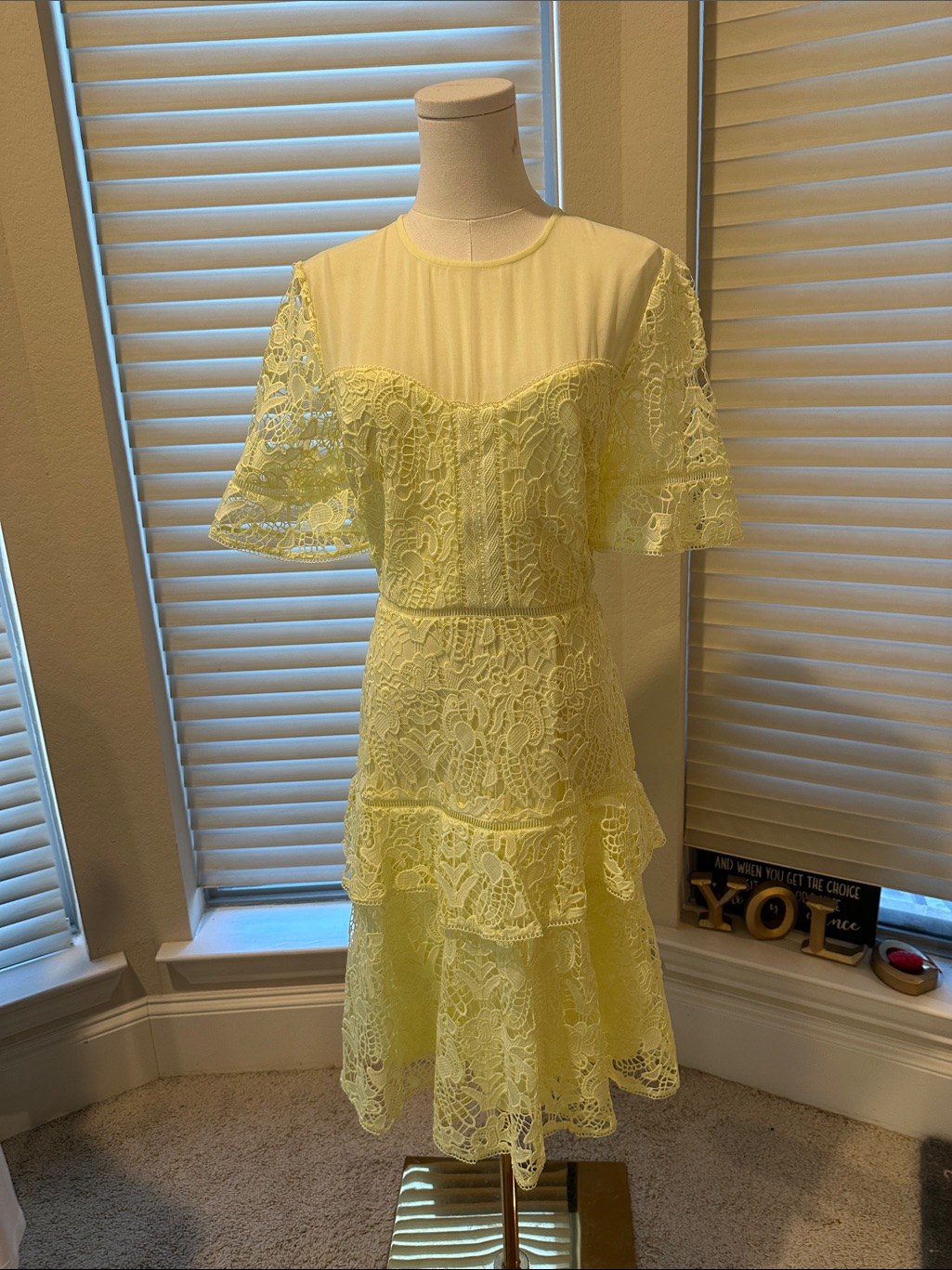 French Connection Yellow Lace Tiered Midi Dress